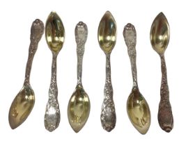 Set of six Tiffany silver gilt Chrysanthemum pattern fruit/orange spoons