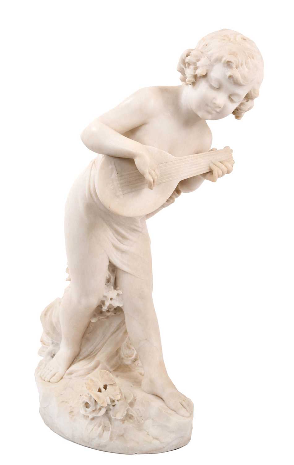 Late 19th century Italian carved marble sculpture of a child playing a lute, signed