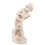 Late 19th century Italian carved marble sculpture of a child playing a lute, signed