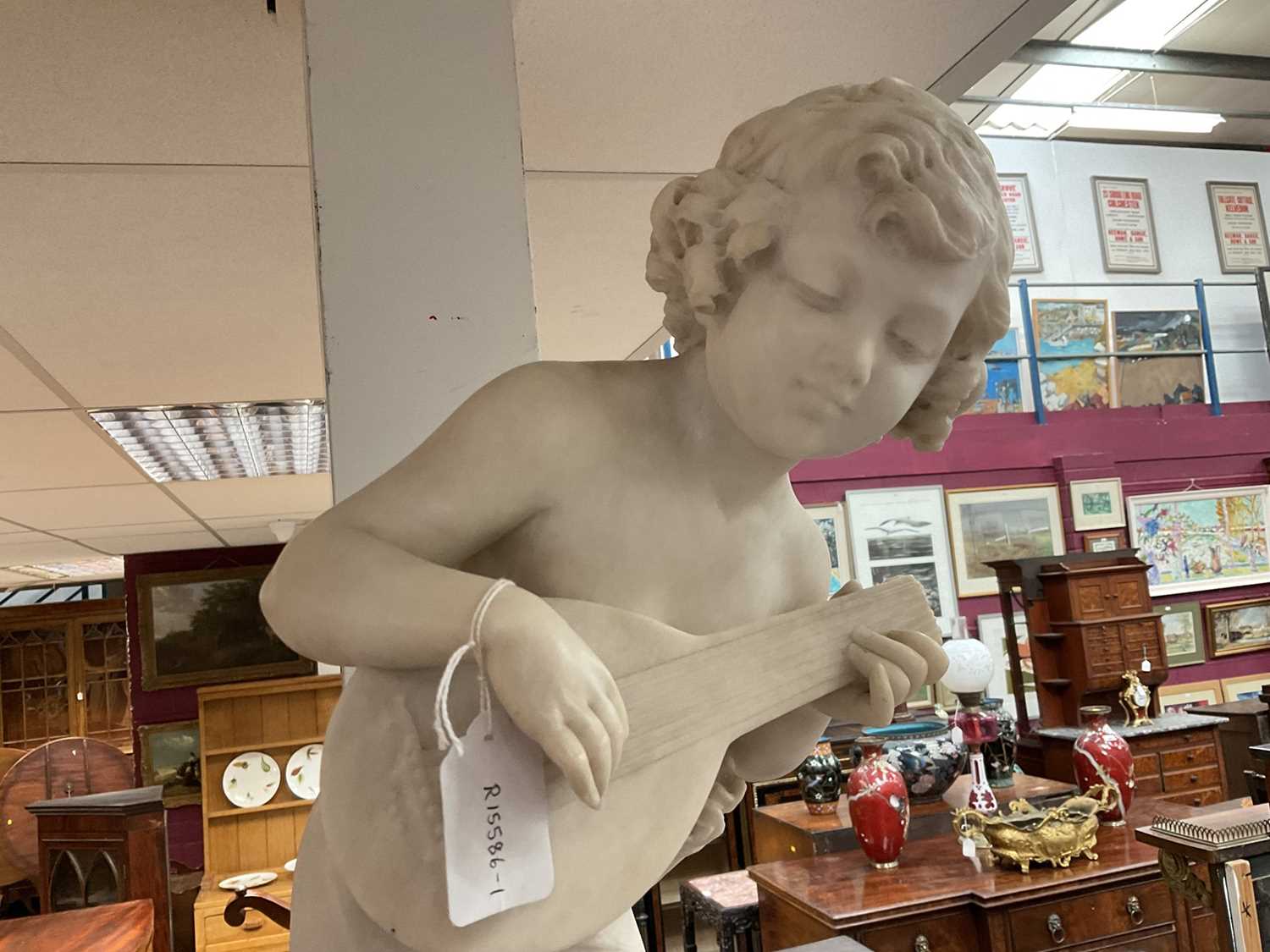 Late 19th century Italian carved marble sculpture of a child playing a lute, signed - Image 6 of 8