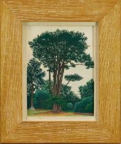 *Tom Deakins (b. 1957) oil on board - Cedars and Seat, 20 x 15cm, framed