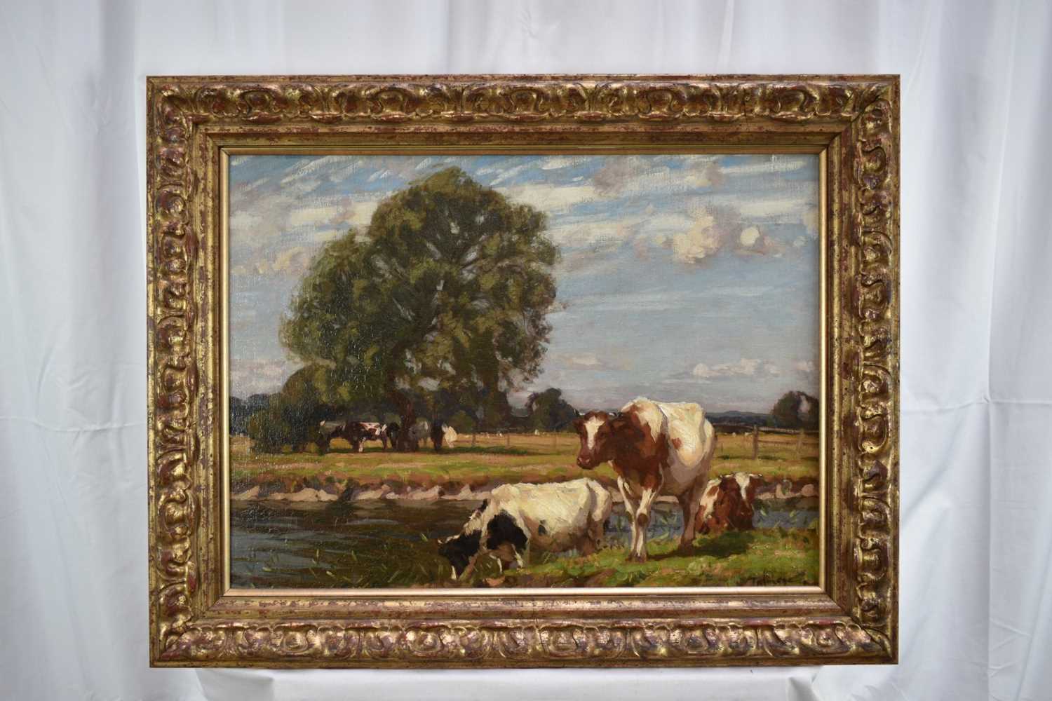 Algernon Mayow Talmage (1871-1939) oil on canvas - Cattle grazing beside the Stour at Dedham, signed - Image 2 of 13