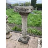 Brass sundial on a concrete pedestal base with weathered finish, 80cm high.