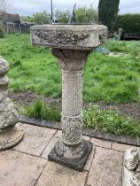 Brass sundial on a concrete pedestal base with weathered finish, 80cm high.