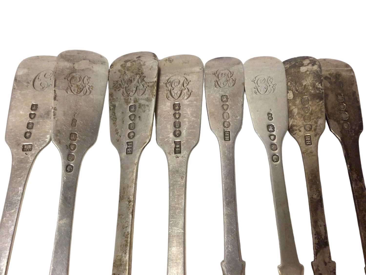 Set of four Victorian silver Fiddle pattern table spoons, with engraved initials, - Image 5 of 5