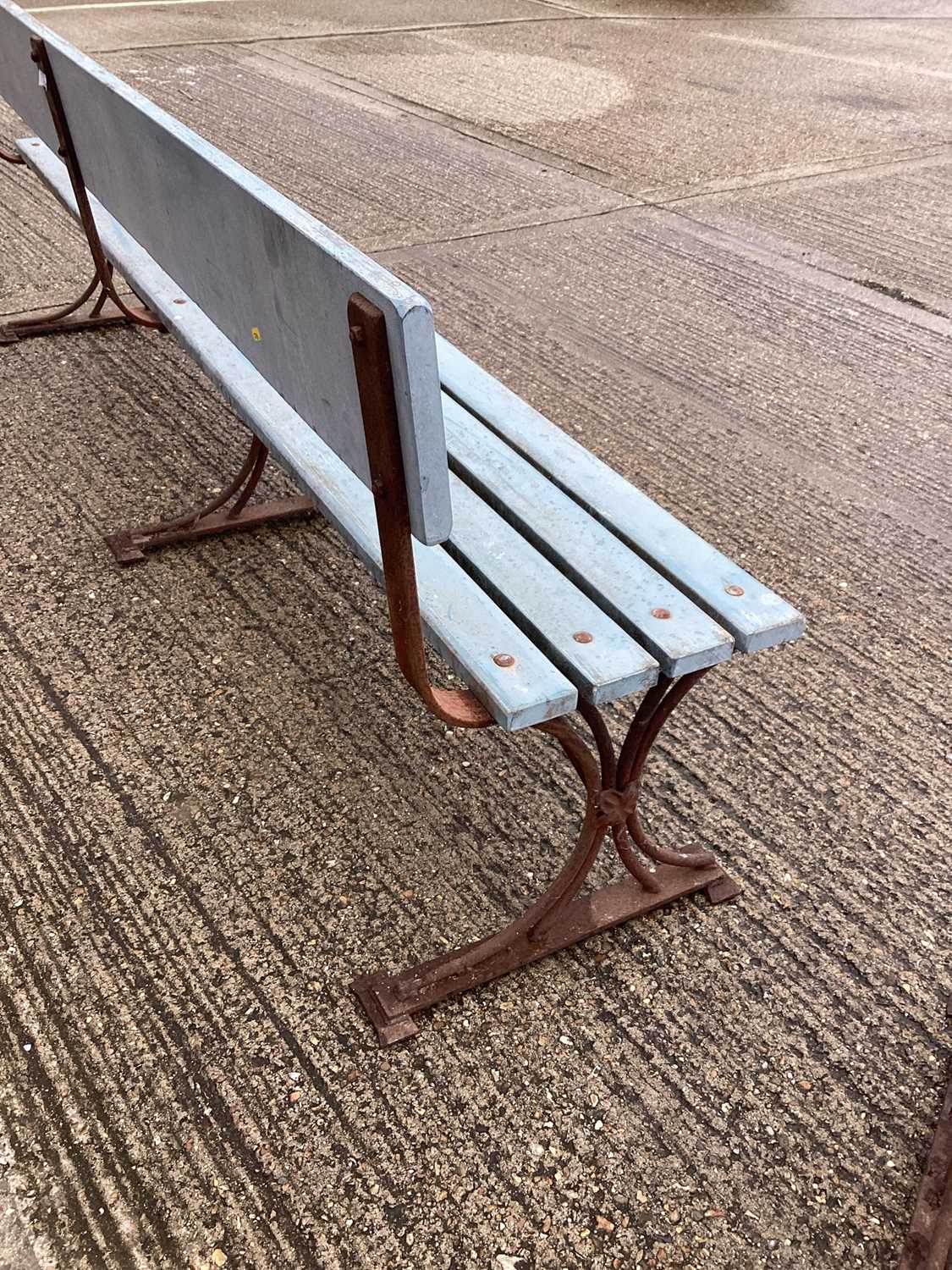 Large pair of antique wrought iron and slatted benches, 225cm wide - Image 7 of 8