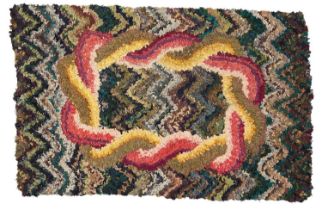 Omega style rag rug with abstract design with flame motif, 102 x 66cm