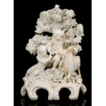 Large Plymouth white glazed bocage figure group with putti and goat