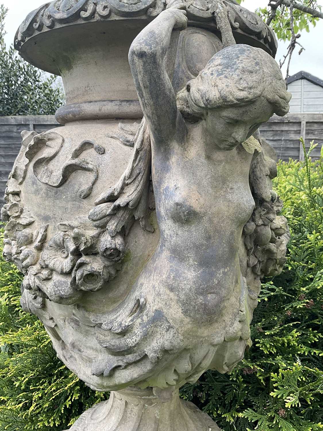 A fine antique reconstituted stone garden urn and cover on plinth, with detachable lid, female carya - Image 8 of 20