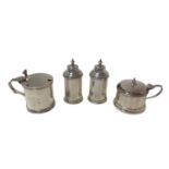 Silver mustard pot, together with another and two silver pepperettes