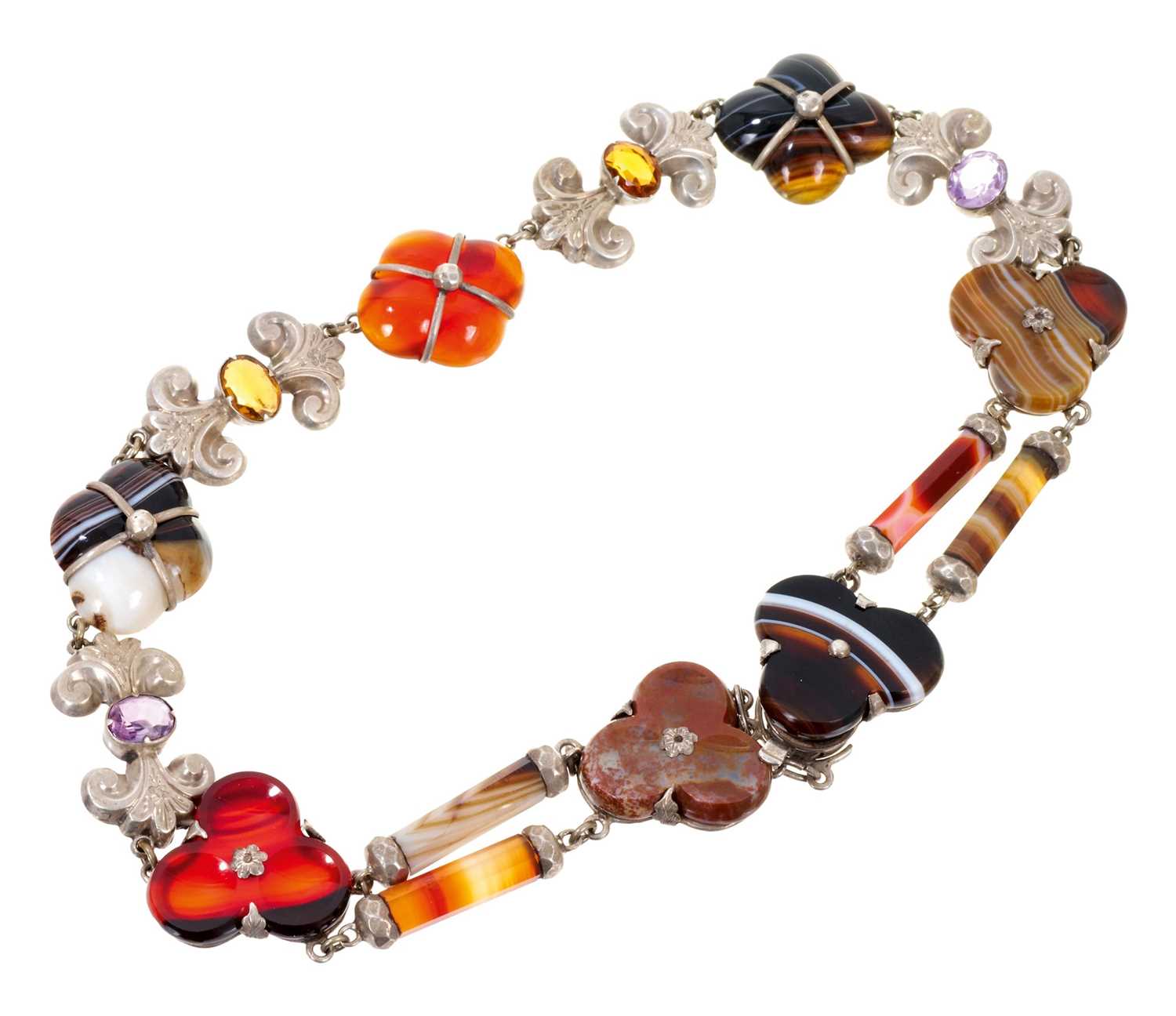 19th century Scottish hardstone, agate and gem set silver necklace, 41cm long - Image 4 of 4