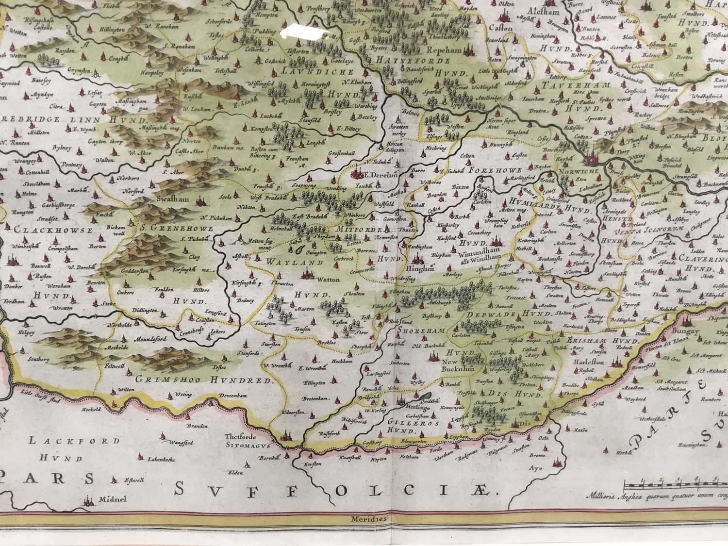 J Blaeu - hand coloured map of Norfolk, c1650. Framed and glazed. - Image 8 of 11