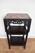 Chinese hardwood and marble topped three tier side table, rectangular form with pierced knot frieze