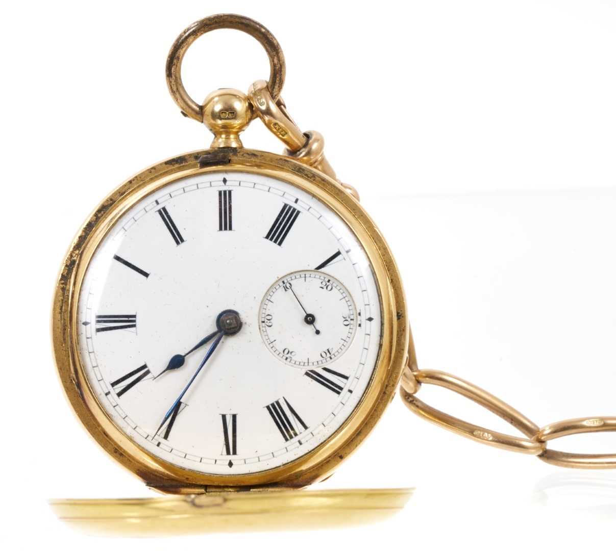 Victorian 18ct gold hunter pocket watch on 9ct chain mounted with 1826 sovereign - Image 2 of 3