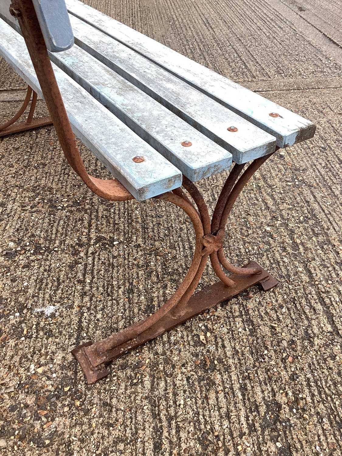 Large pair of antique wrought iron and slatted benches, 225cm wide - Image 5 of 8