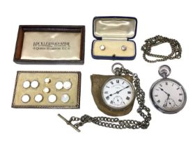 Set of dress studs, two pocket watches and two chains