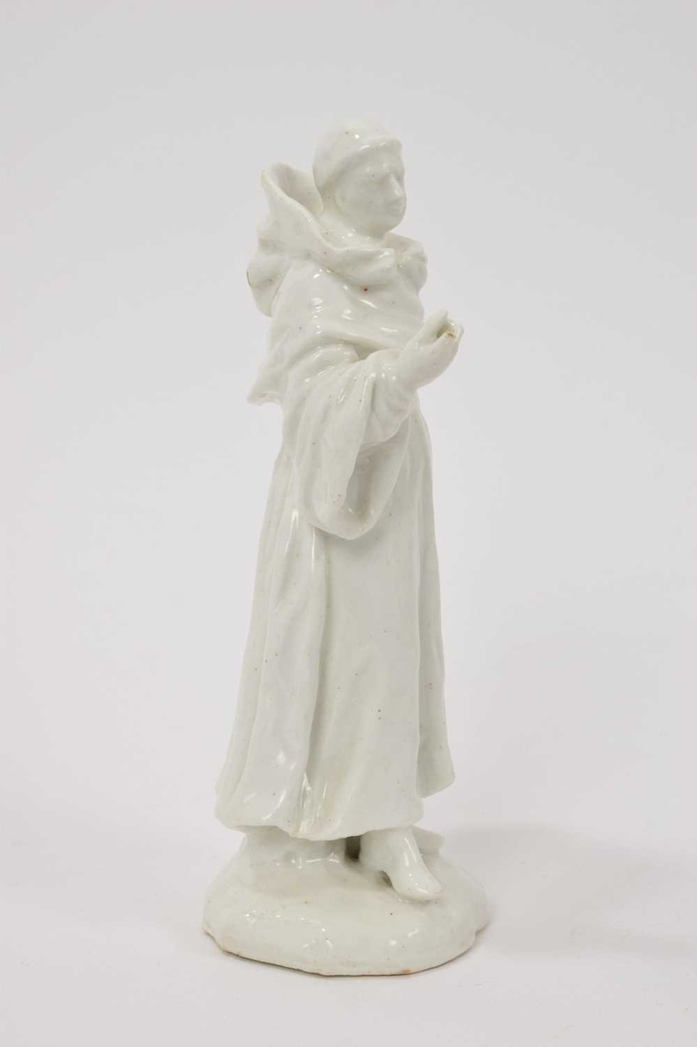 18th century white glazed standing figure of a monk, probably Bow, losses - Bild 4 aus 5