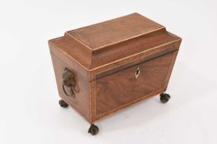 19th century mahogany two division tea caddy on claw and ball feet