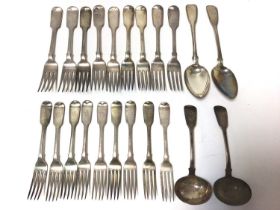 Mixed selection of silver fiddle pattern cutlery, same armorial crest