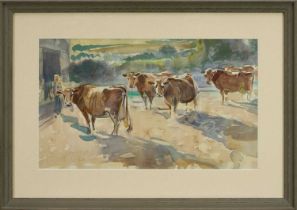 Peter Partington (b.1941) pencil and watercolour - Cattle in a Farmyard, signed, 30cm x 50cm, in gla