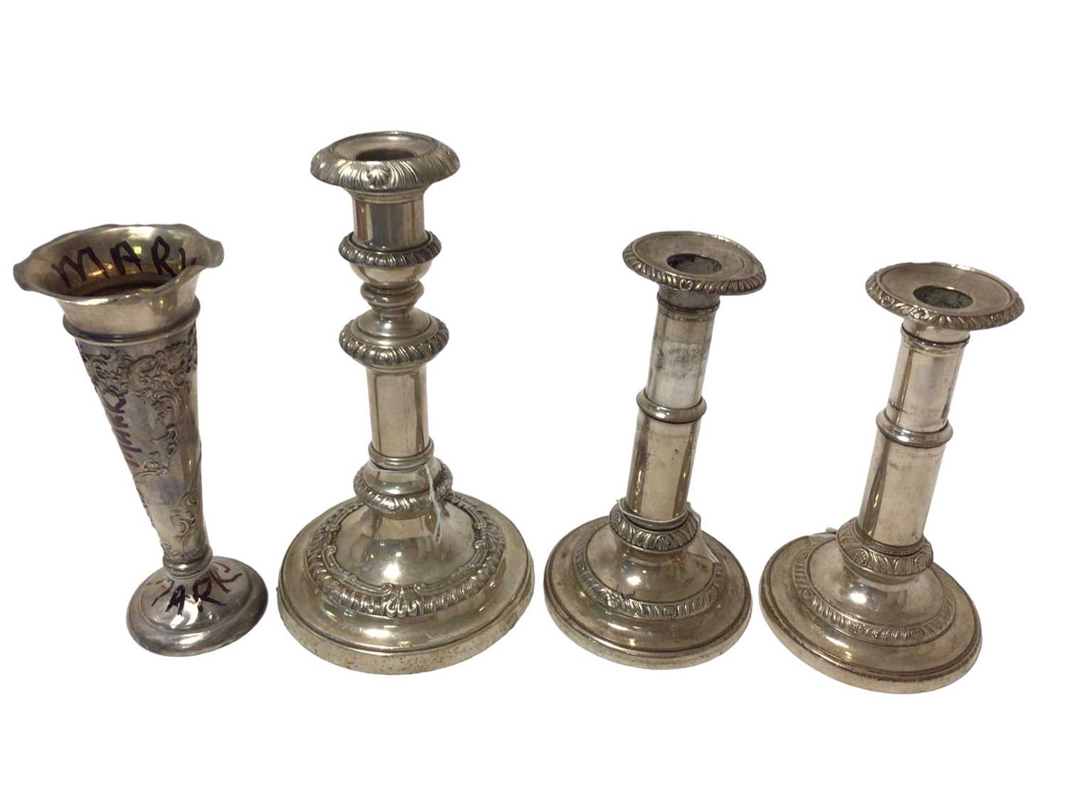 Pair of Sheffield plate telescopic candlesticks and other items.