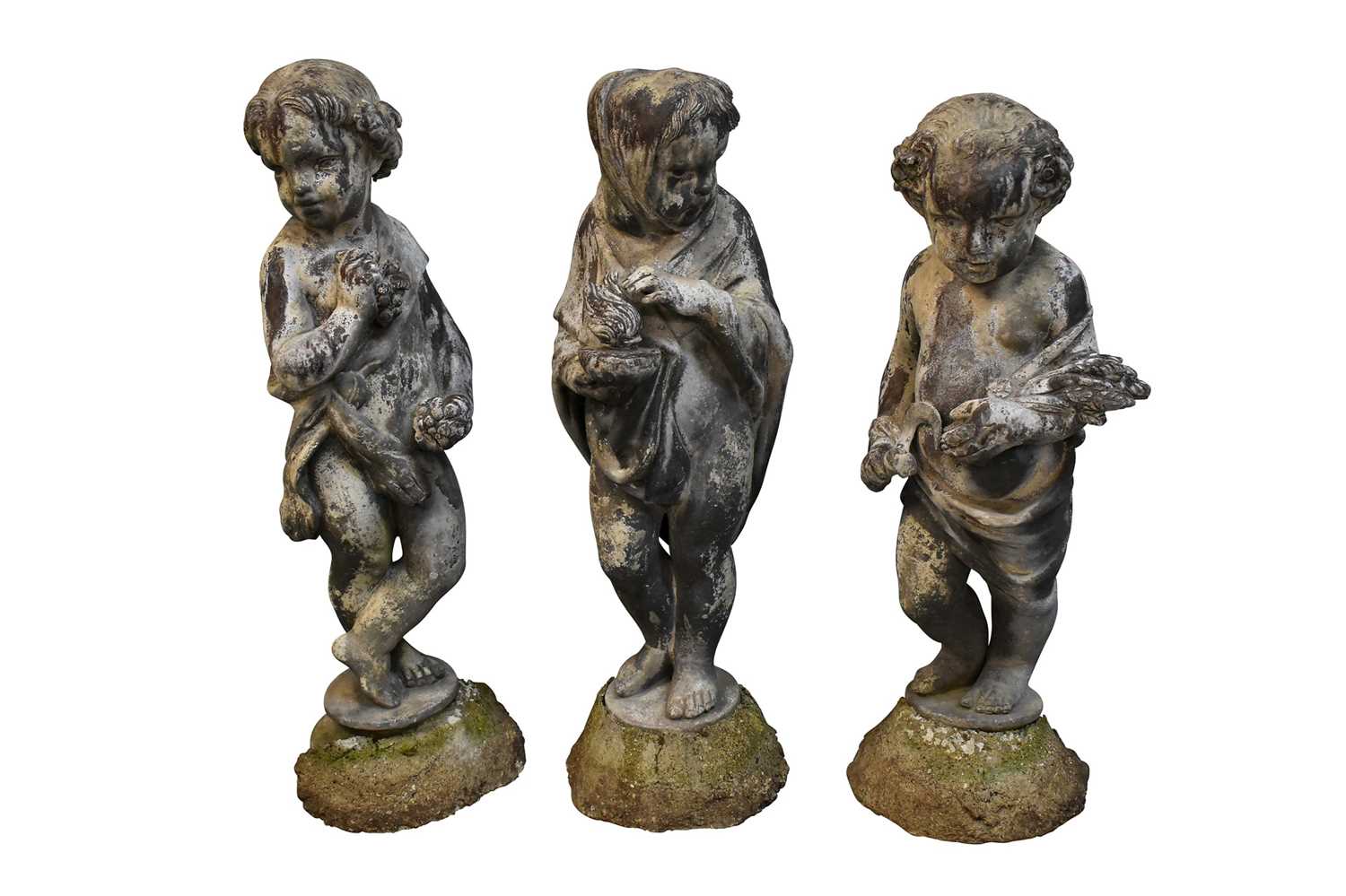 Set of three 19th century lead putti garden statues