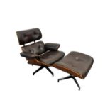 Eames style leather and chrome easy chair and stool