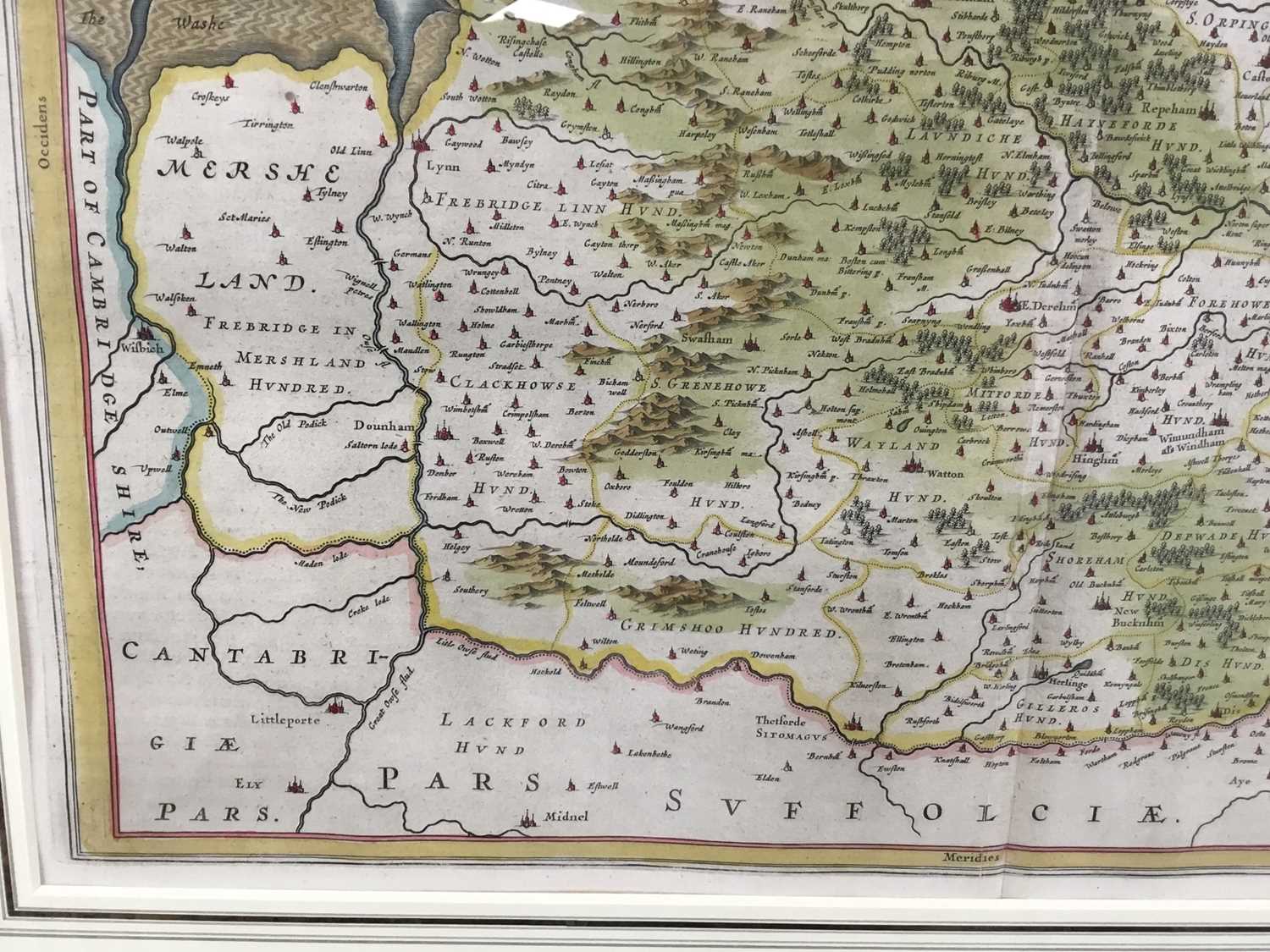 J Blaeu - hand coloured map of Norfolk, c1650. Framed and glazed. - Image 9 of 11