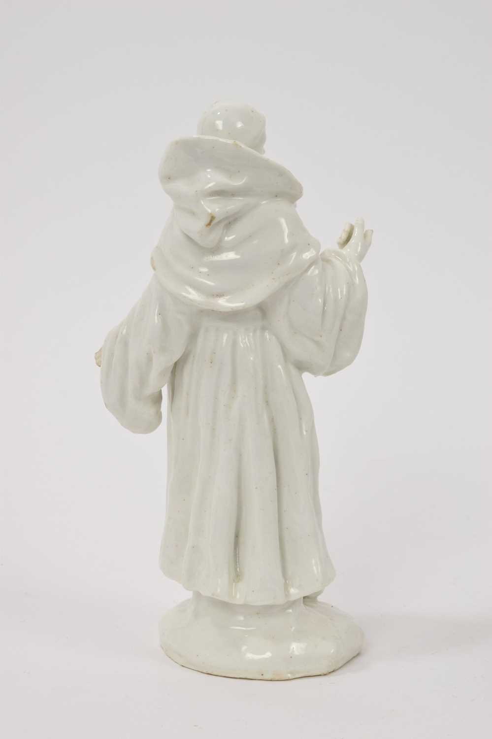 18th century white glazed standing figure of a monk, probably Bow, losses - Image 3 of 5
