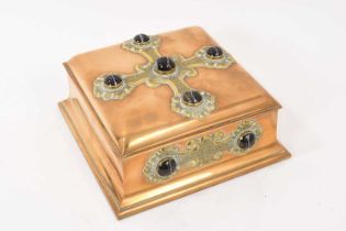 Victorian brass jewel casket with gothic mounts applied with banded agate cabochons