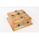 Victorian brass jewel casket with gothic mounts applied with banded agate cabochons