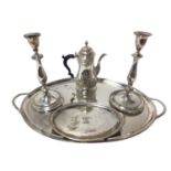 Oval silver plated tray, pair of candlesticks, teapot stand and coffee pot