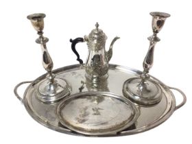Oval silver plated tray, pair of candlesticks, teapot stand and coffee pot