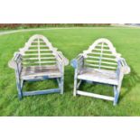 Pair of small size Lutyens style benches, blue painted, approximately 93cm wide