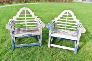 Pair of small size Lutyens style benches, blue painted, approximately 93cm wide