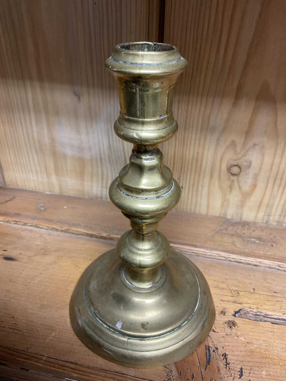 Pair of mid 18th century brass candlesticks and another pair. (4) - Image 8 of 12