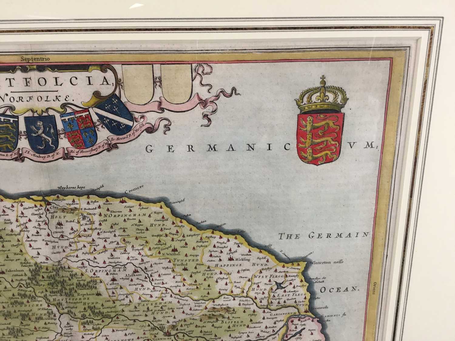 J Blaeu - hand coloured map of Norfolk, c1650. Framed and glazed. - Image 5 of 11