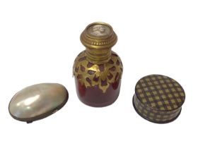 19th century French scent bottle with cameo cover, together with tartan box and mother of pearl box