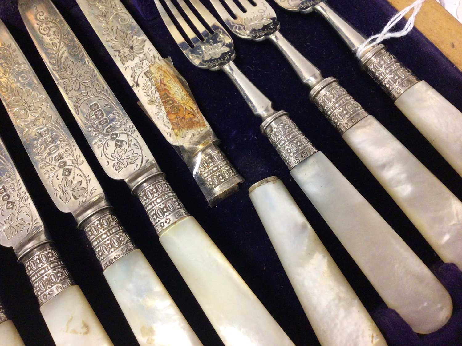 Cased set of 12 pairs of Edwardian silver and mother of pearl desert knives and forks - Image 5 of 5