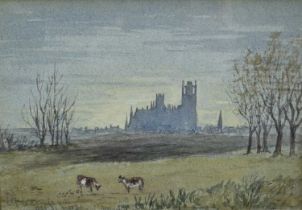 East Anglian School, 19th century, watercolour - Ely Cathedral, signed and titled indistinctly lower