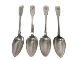 Set of four Georgian Fiddle pattern table spoons with engraved armorial crests
