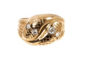 Victorian style 9ct gold and diamond snake ring with two intertwined snakes, with old cut diamond ey