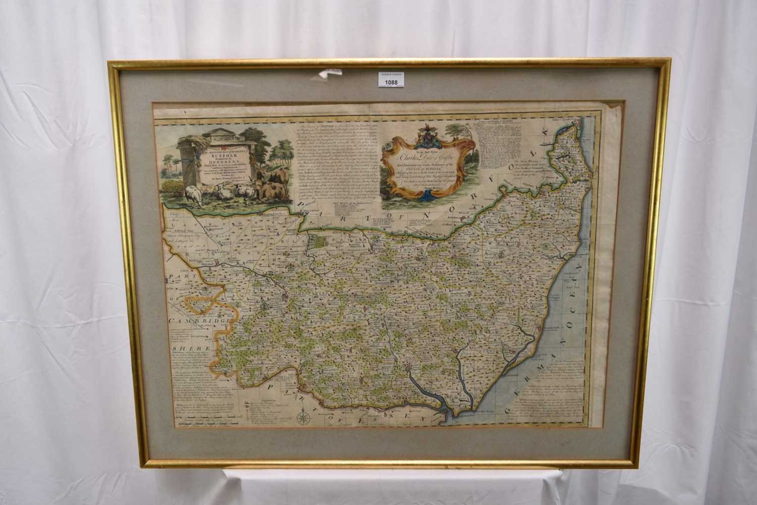 Mid 18th century hand coloured engraved map by Emanuel Bowen, 'Suffolk Divided into its Hundreds, 52 - Image 2 of 7