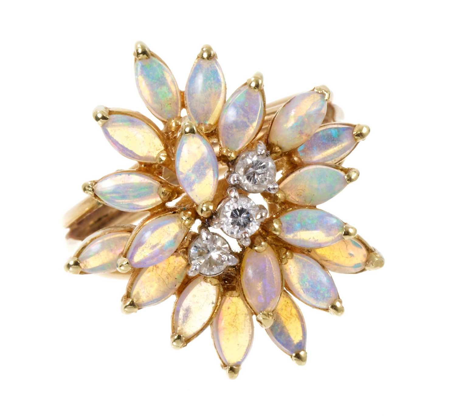 Opal and diamond cluster cocktail ring in 14ct gold setting