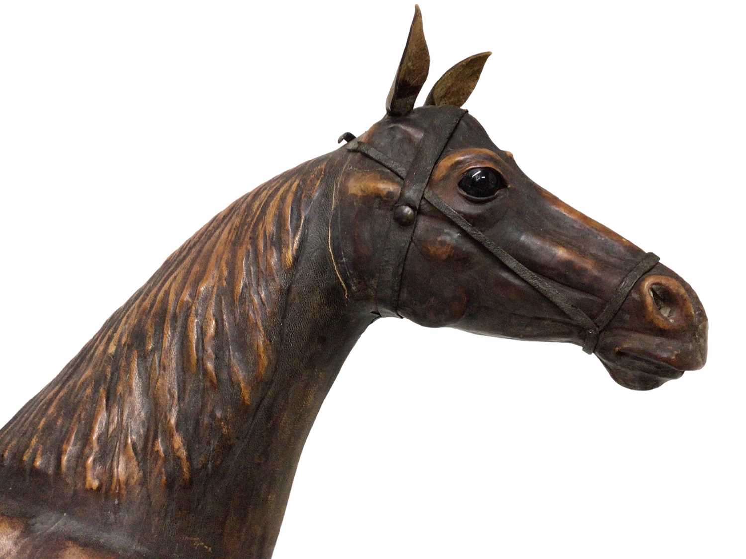 Large leather covered wooden horse in the style of Liberty - Image 4 of 10