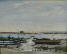 Fid Harnack (1897-1983) oil on board - Saltings West Mersea, signed, 33cm x 41cm, framed