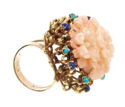 Large 1960s cocktail ring with a carved pink coral floral cluster in gold abstract setting scattered