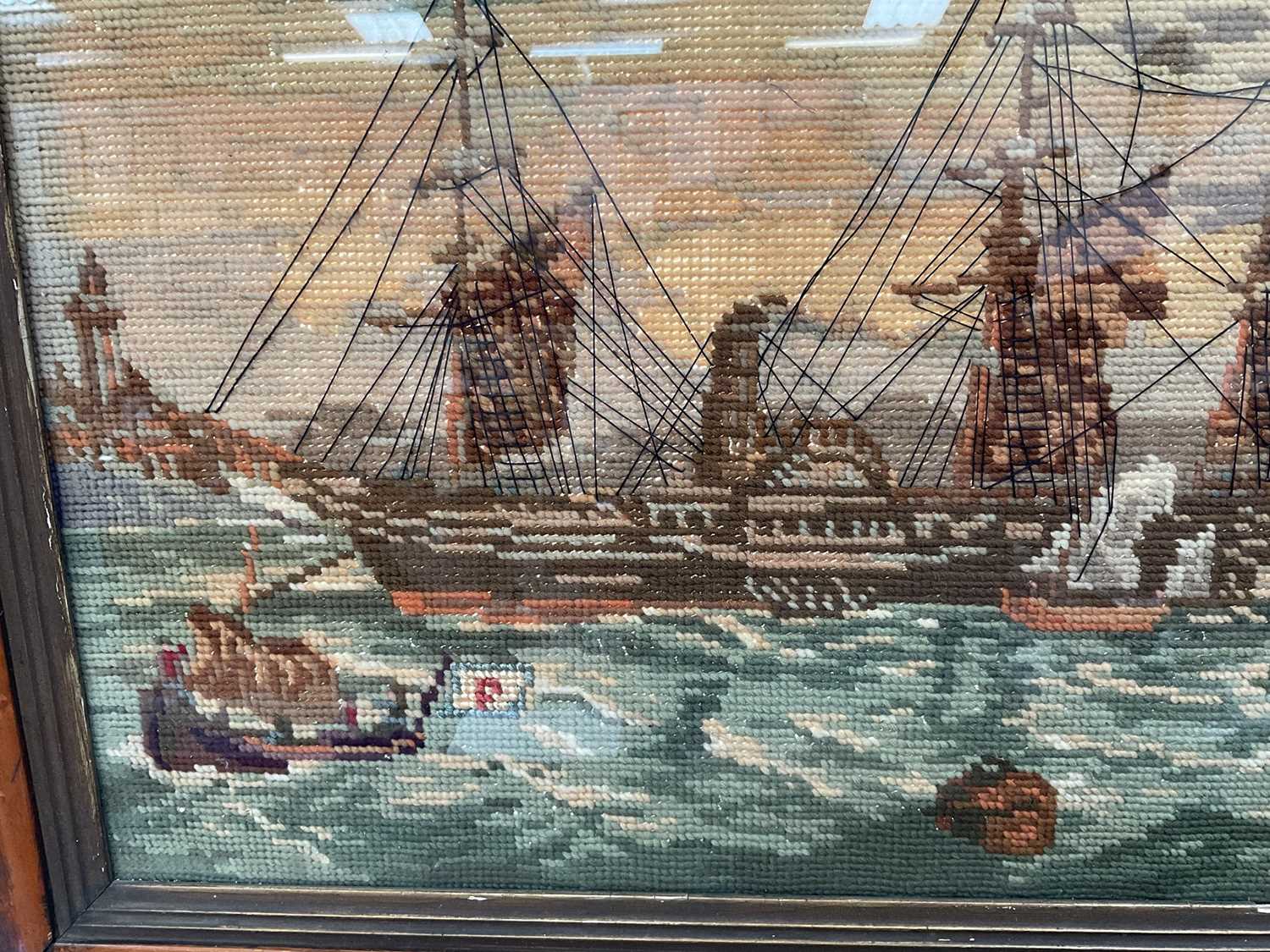 19th century woolwork picture of an American steamship, in glazed maple veneered frame - Image 3 of 6