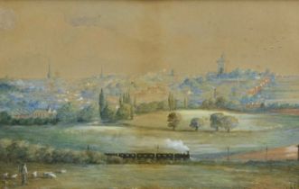 English School, mid 19th century, watercolour - View of Colchester with a steam train in the foregro