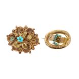 Early Victorian two-colour gold and turquoise forget-me-not brooch and one other (2)